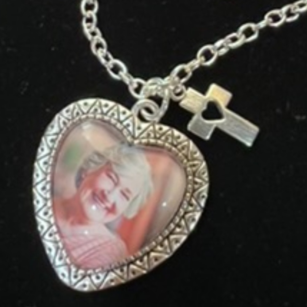 Silver Heart Photo Locket Necklace with Cross Charm - Silver